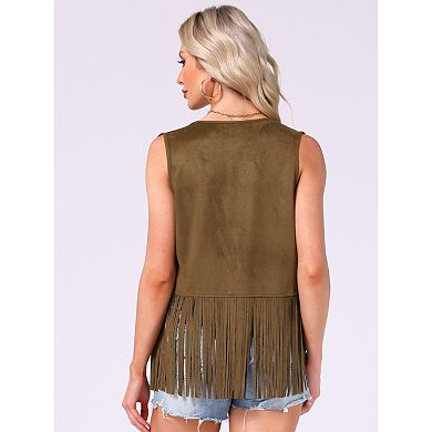 Women's Fringe Vest Open Front Outfits Faux Suede Tassel Cardigan