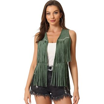 Women's Fringe Vest Open Front Outfits Faux Suede Tassel Cardigan