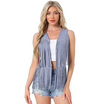 Women's Fringe Vest Open Front Outfits Faux Suede Tassel Cardigan