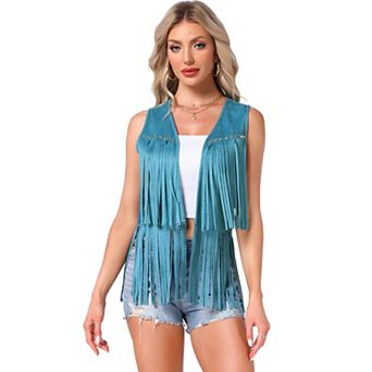 Women's Fringe Vest Open Front Outfits Faux Suede Tassel Cardigan