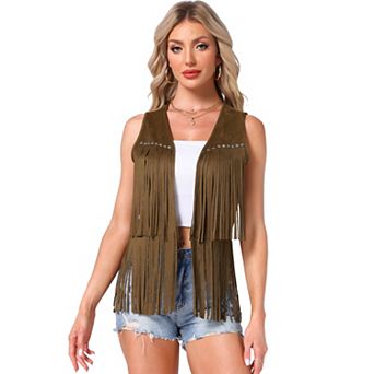 Women's Fringe Vest Open Front Outfits Faux Suede Tassel Cardigan
