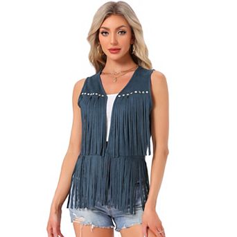 Women's Fringe Vest Open Front Outfits Faux Suede Tassel Cardigan