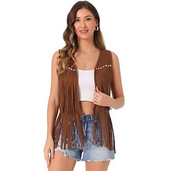 Women's Fringe Vest Open Front Outfits Faux Suede Tassel Cardigan