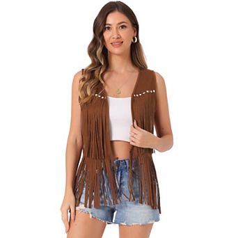 Women's Fringe Vest Open Front Outfits Faux Suede Tassel Cardigan