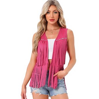 Women's Fringe Vest Open Front Outfits Faux Suede Tassel Cardigan