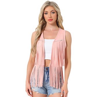 Women's Fringe Vest Open Front Outfits Faux Suede Tassel Cardigan