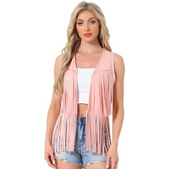 Women's Fringe Vest Open Front Outfits Faux Suede Tassel Cardigan