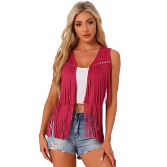 Women's Fringe Vest Open Front Outfits Faux Suede Tassel Cardigan