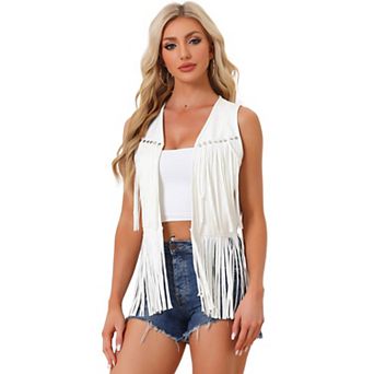 Women's Fringe Vest Open Front Outfits Faux Suede Tassel Cardigan