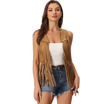 Women's Fringe Vest Open Front Outfits Faux Suede Tassel Cardigan