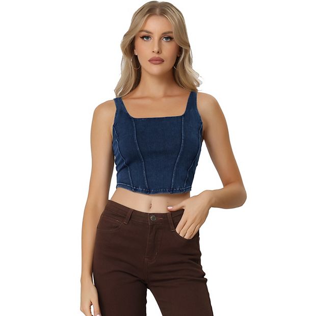 Women's Denim Sleeveless Top Square Neck Cropped Stretch