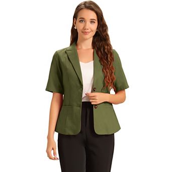 Cotton Linen Blazer for Women's Office Business Short Sleeve Notched Lapel Blazer Jacket