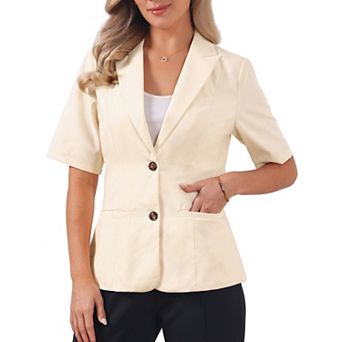 Cotton Linen Blazer for Women's Office Business Short Sleeve Notched Lapel Blazer Jacket