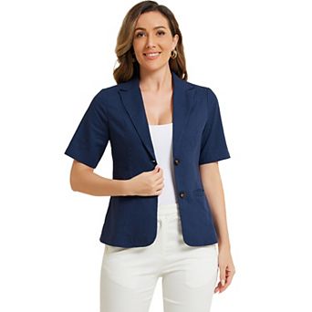 Cotton Linen Blazer for Women's Office Business Short Sleeve Notched Lapel Blazer Jacket
