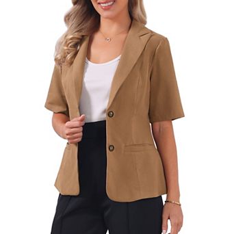 Cotton Linen Blazer for Women's Office Business Short Sleeve Notched Lapel Blazer Jacket