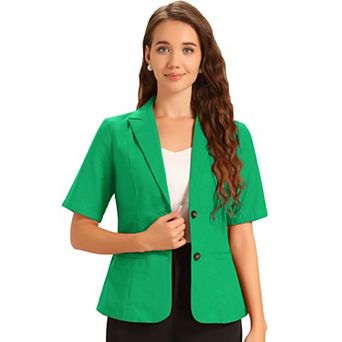 Cotton Linen Blazer for Women's Office Business Short Sleeve Notched Lapel Blazer Jacket