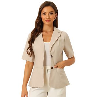 Cotton Linen Blazer For Women's Office Business Short Sleeve Notched Lapel Blazer Jacket