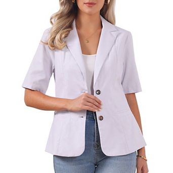Cotton Linen Blazer for Women's Office Business Short Sleeve Notched Lapel Blazer Jacket
