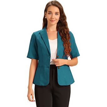 Cotton Linen Blazer for Women's Office Business Short Sleeve Notched Lapel Blazer Jacket