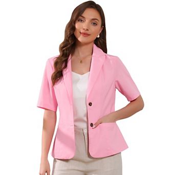 Cotton Linen Blazer For Women's Office Business Short Sleeve Notched Lapel Blazer Jacket