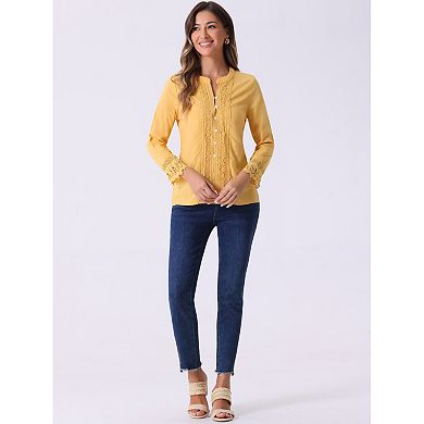 Boho Blouse For Women Half Button Placket Long Sleeve Lace Crochet Blouses
