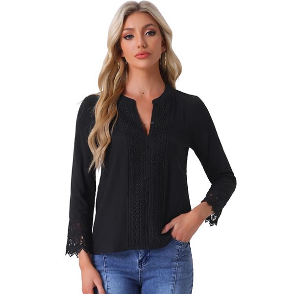 Boho Blouse for Women Half Button Placket Long Sleeve Lace Crochet