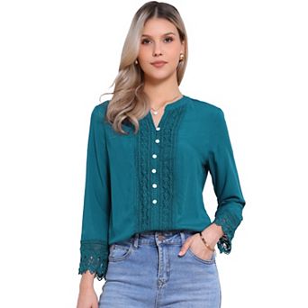 Boho Blouse for Women Half Button Placket Long Sleeve Lace Crochet Blouses