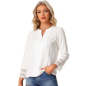 Boho Blouse For Women Half Button Placket Long Sleeve Lace Crochet Blouses