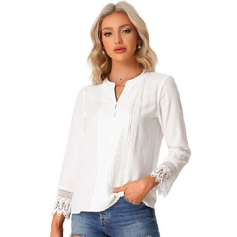 Boho Blouse for Women Half Button Placket Long Sleeve Lace Crochet Blouses
