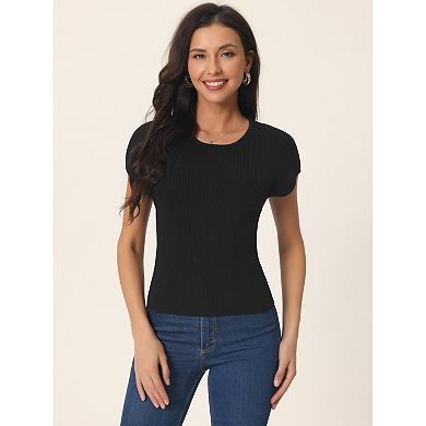 Women's Casual Cap Sleeve Knit T Shirts Crewneck Basic Summer Tops Slim Fit Solid Color Blouse