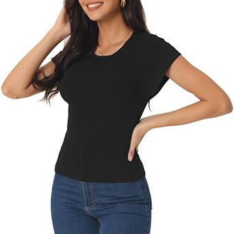 Women's Casual Cap Sleeve Knit T Shirts Crewneck Basic Summer Tops Slim Fit Solid Color Blouse