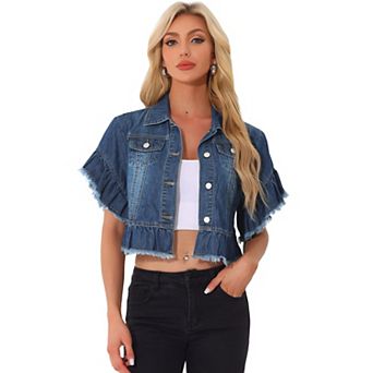 Denim Tops For Women Ruffled Short Sleeve Lightweight Jean Peplum Hem Jean Shirt