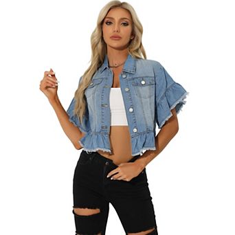 Denim Tops For Women Ruffled Short Sleeve Lightweight Jean Peplum Hem Jean Shirt
