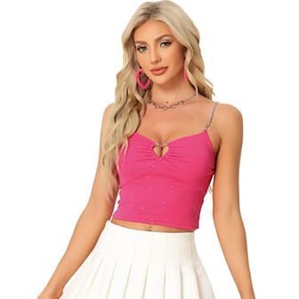 Tank Tops For Women Glitter Rhinestones Encrusted Spaghetti Straps Cut Out Party Cami Crop Tops