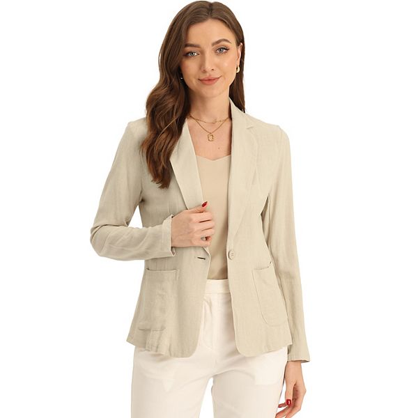 Linen Blazer For Women Notch Lapel One Button Casual Suit Jackets