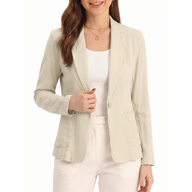 Notch Lapel One Button Casual Suit Linen Blazer, Beige / S