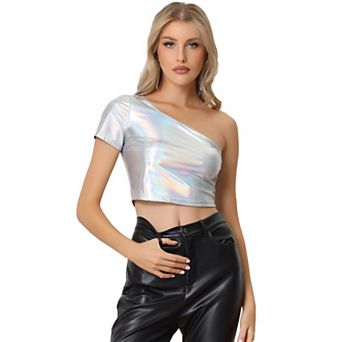 Metallic Crop Top For Women One Shoulder Short Sleeve Shinny Holographic Clubwear Party Tops
