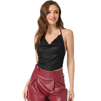 Halter Glitter Top For Women Cowl Neck Draped Clubwear Backless Crop Cami Tops