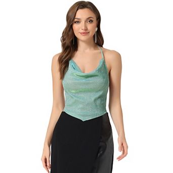 Halter Glitter Top For Women Cowl Neck Draped Clubwear Backless Crop Cami Tops
