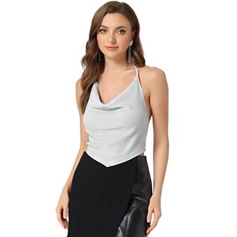 Halter Glitter Top For Women Cowl Neck Draped Clubwear Backless Crop Cami Tops