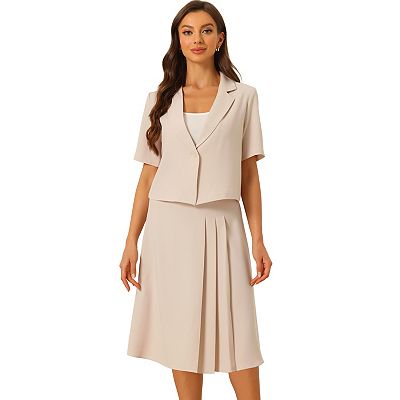 Allegra K Business Casual Short Sleeves Notched Lapel Blazer Pleated Midi Skirt Suit Set Apricot S
