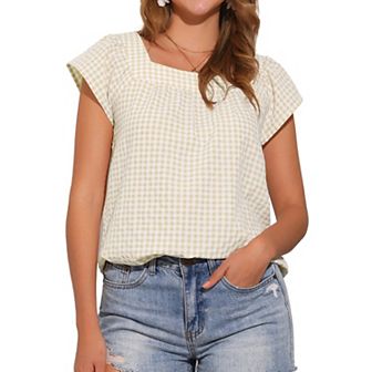 Summer Square Neck Gingham Tops for Women Sleeveless Blouses