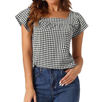 Summer Square Neck Gingham Tops For Women Sleeveless Blouses