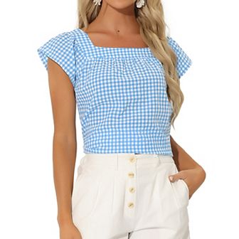 Summer Square Neck Gingham Tops For Women Sleeveless Blouses