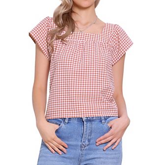 Summer Square Neck Gingham Tops For Women Sleeveless Blouses