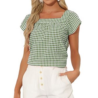 Summer Square Neck Gingham Tops For Women Sleeveless Blouses