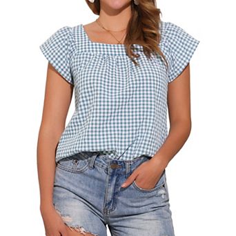 Summer Square Neck Gingham Tops for Women Sleeveless Blouses