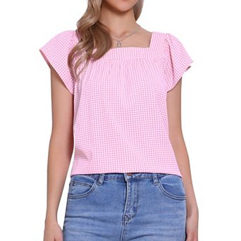 Summer Square Neck Gingham Tops for Women Sleeveless Blouses