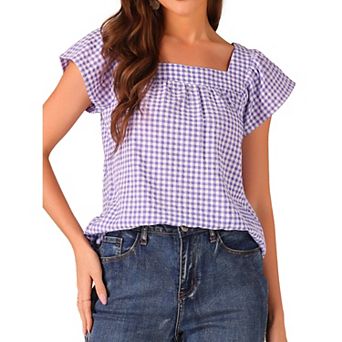 Summer Square Neck Gingham Tops for Women Sleeveless Blouses