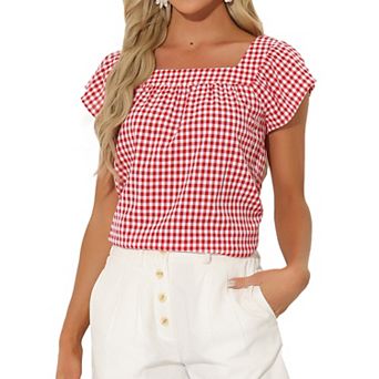 Summer Square Neck Gingham Tops for Women Sleeveless Blouses